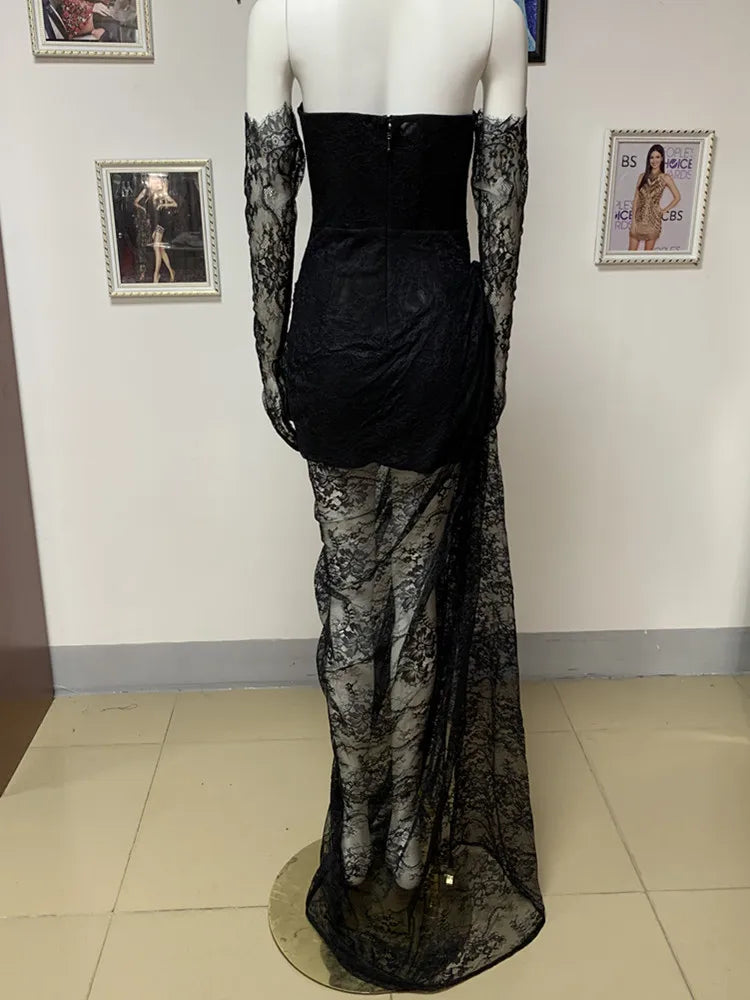 Luxury Designer Fashion Women Black Strapless Lace Embroidery Bodycon Open Leg Long Dress with Gloves Formal Evening Party Gowns