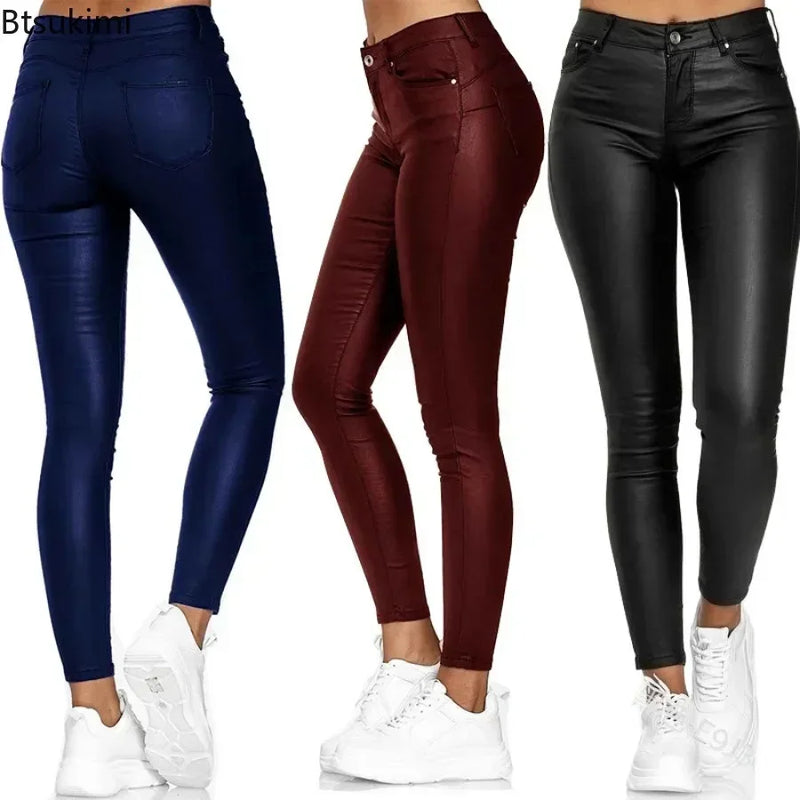 Calças de couro sintético, leggings femininas casuais elásticas e sensuais, couro sintético sólido, calças lápis justas