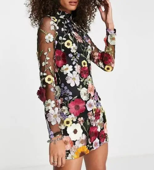 Sexy Women's Dress 2023 Spring Autumn Sweet Style Half Turtleneck 3D Flower Package Hip Sexy Straight Long Sleeve Mini Dress