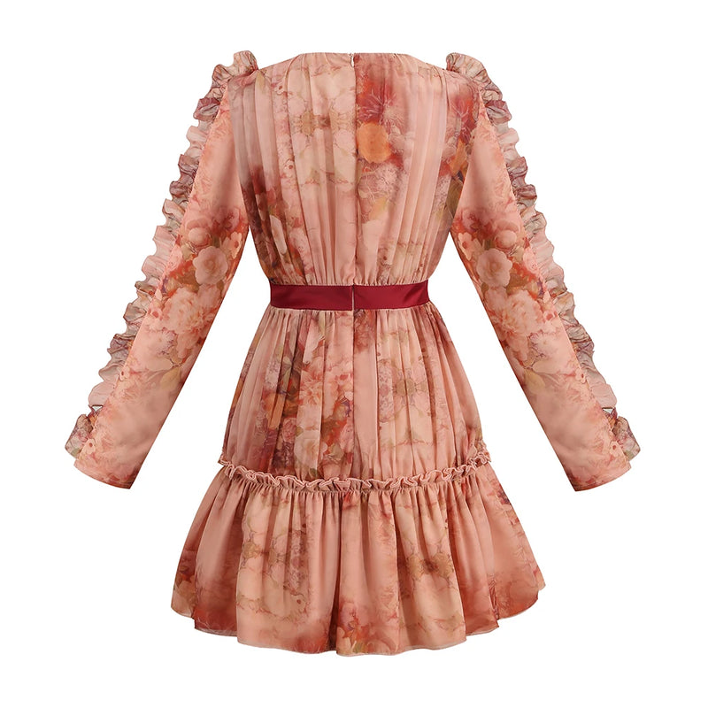 2022 New Printing Fashion Dress Women Sexy V Neck Long Sleeve Spring Autumn Elegant Party Dress