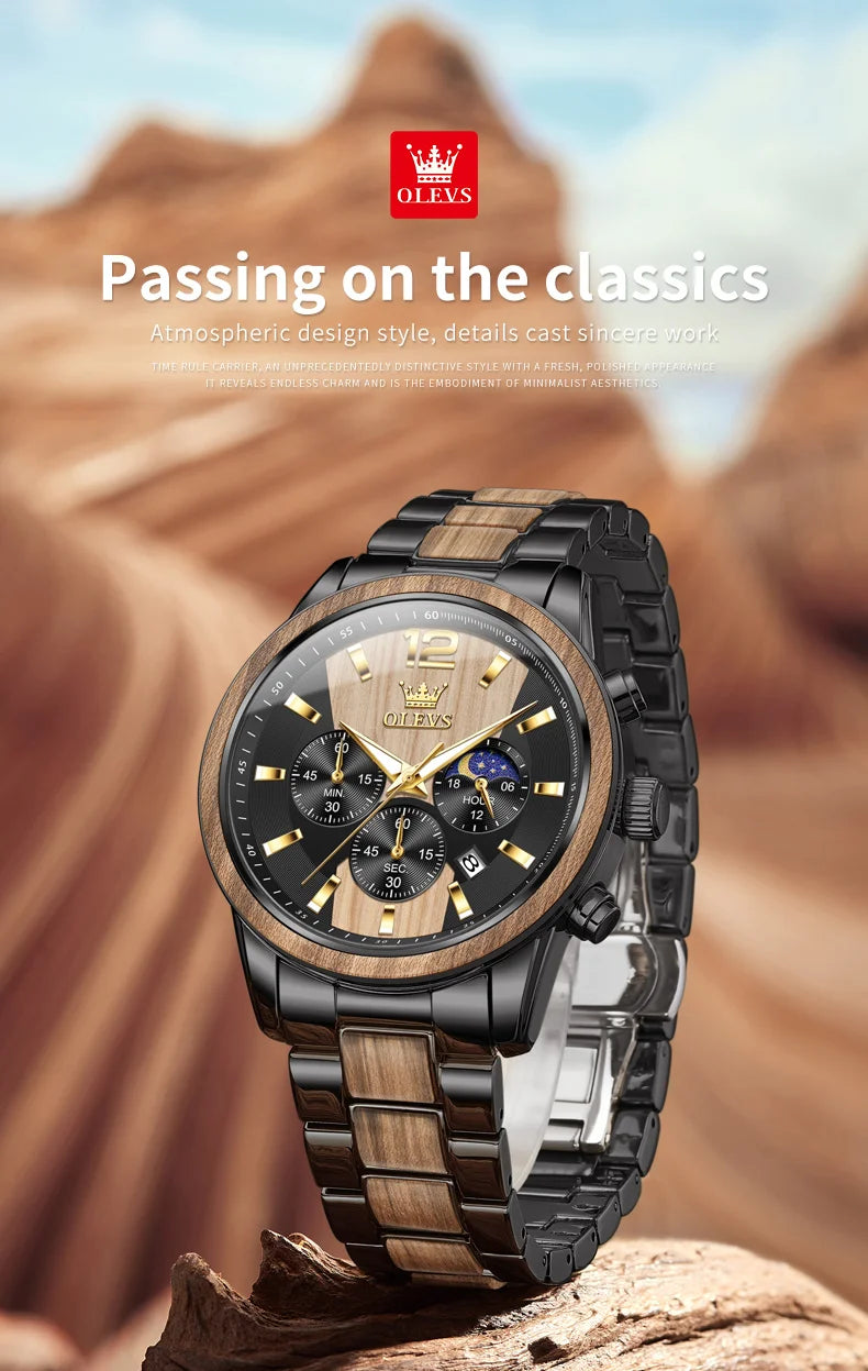 OLEVS 3645 Mens Watch Top Brand Business Original Quartz Watch Solid Wood Multifunctional Chronograph Watch Moon Phase Reloj New