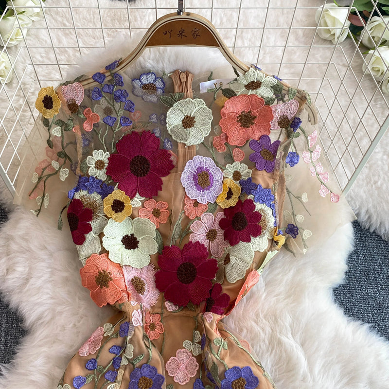 Summer High-end Embroidery Lace Prom Dress Women French Luxury 3D Flower Short Sleeve Long Dress Party Bodycon Holiday Vestido