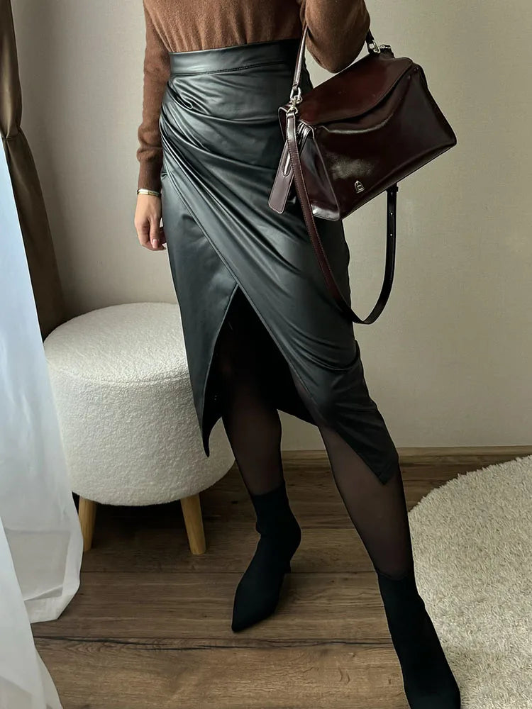 Women Midi Leather Skirt Sexy Split High Waist Zipper PU Front Slit Skirts Ladies Black Faux Leather Folded Skirt For Women