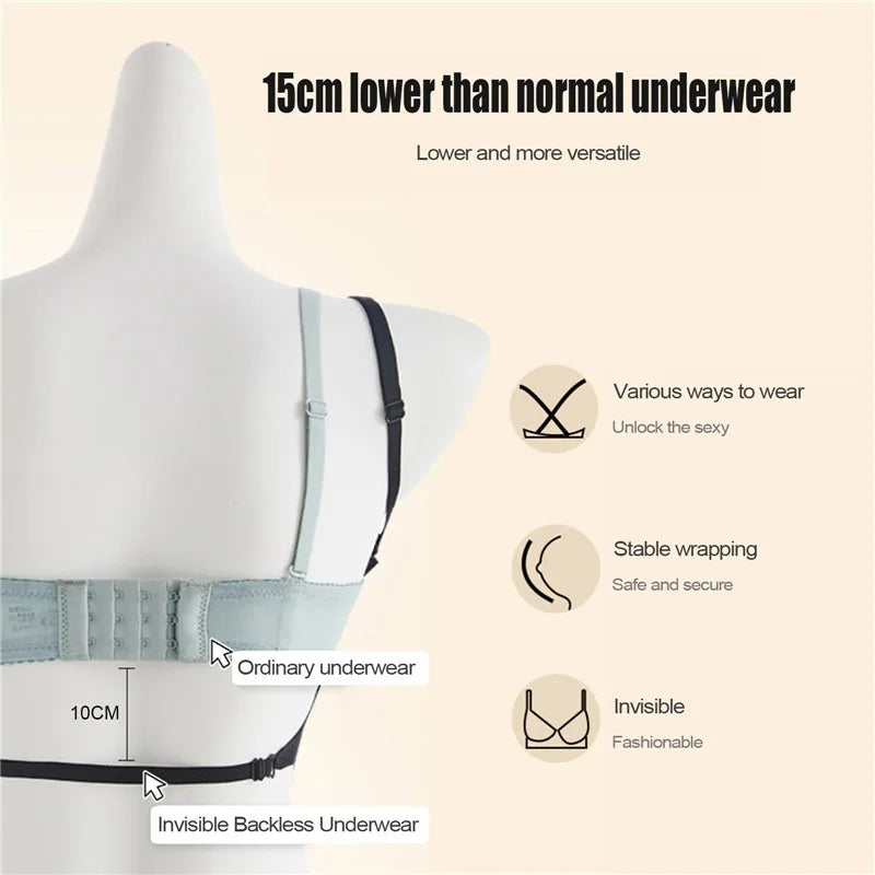 Sutiã invisível feminino com decote em U profundo, top sem costas para vestidos, lingerie sexy com alça transparente, push up, roupa íntima sem alças