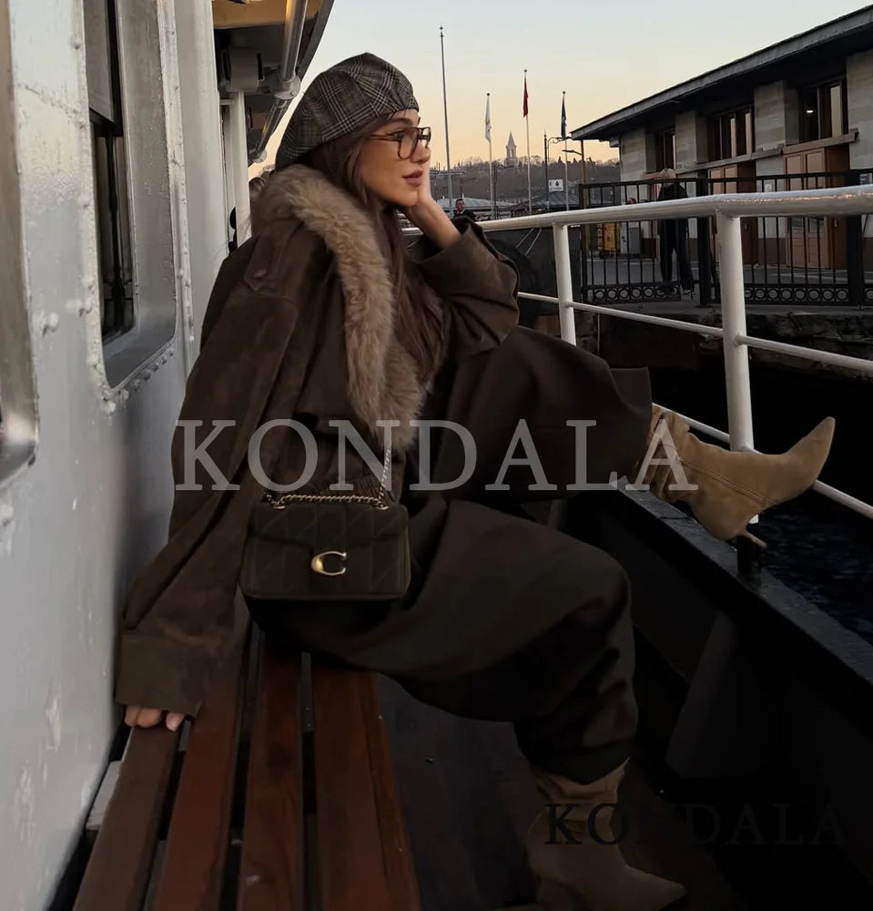 KONDALA Trendy Vintage Fur Collar Jacket Coat Women Elegant Double-breasted Suede Jacket 2026 Fall Winter High Street Jacket