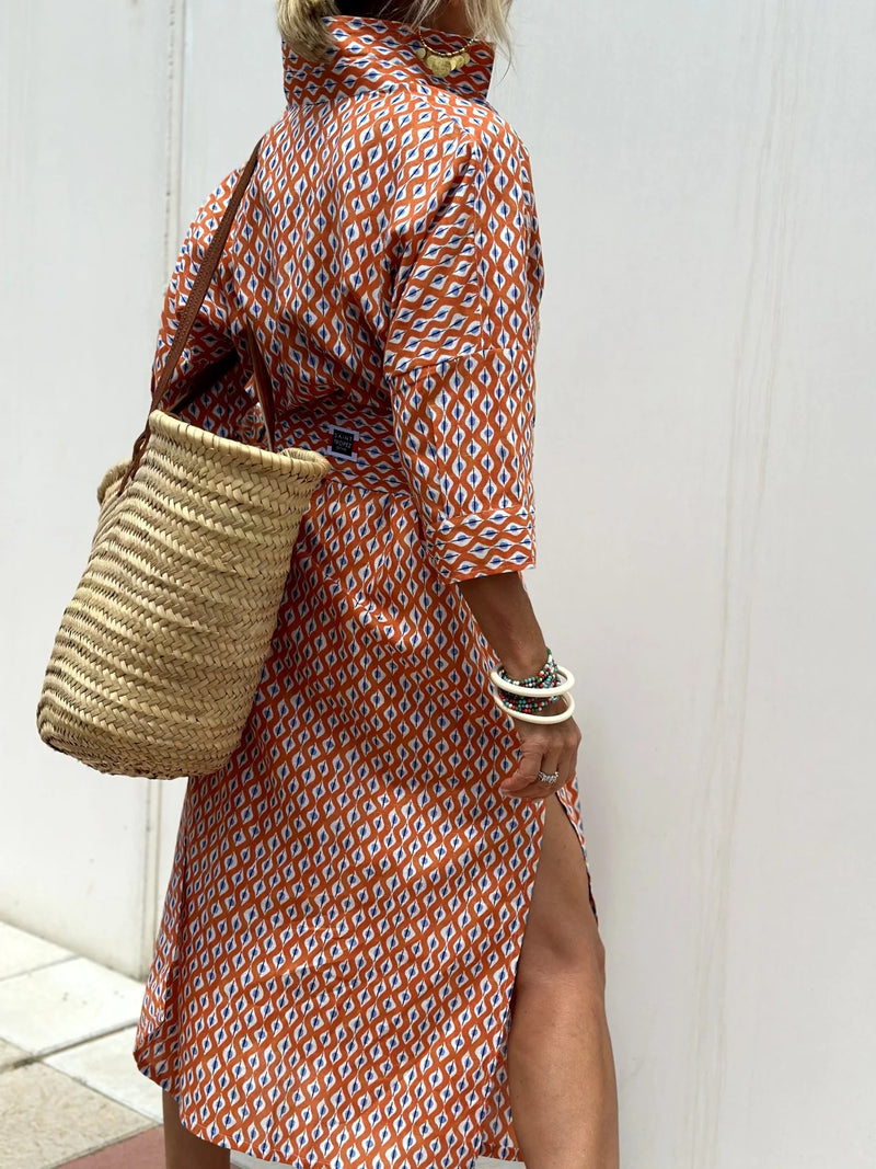 Autumn Long Sleeve Shirt Dress Elegant Belt Long Dress For Women 2024 Fashion Print Button Lapel Neck Casual Dresses Robe Femme