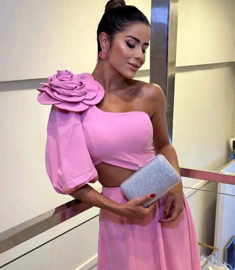 Women's Maxi Dress Appliques With Flower Sloping Shoulder Single Sleeve Waist Large Dress Women's Evening Wedding Midi Dress