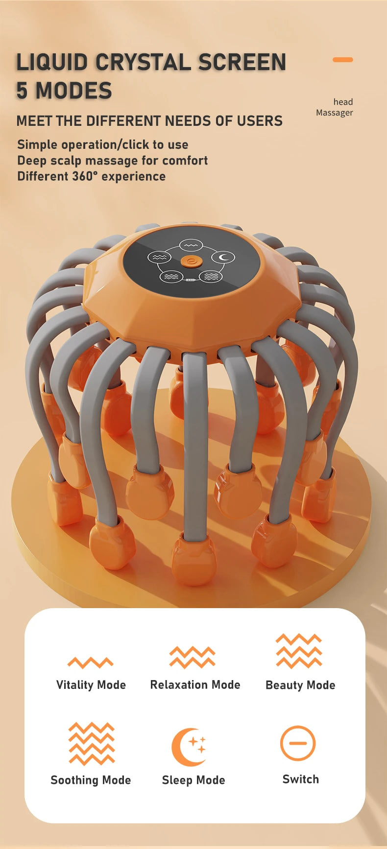 20 Cabeças de Massagem Massageador de Couro Cabeludo Laranja Vibrador de Luz Vermelha Polvo Arranhador para Relaxamento Estresse Enxaqueca