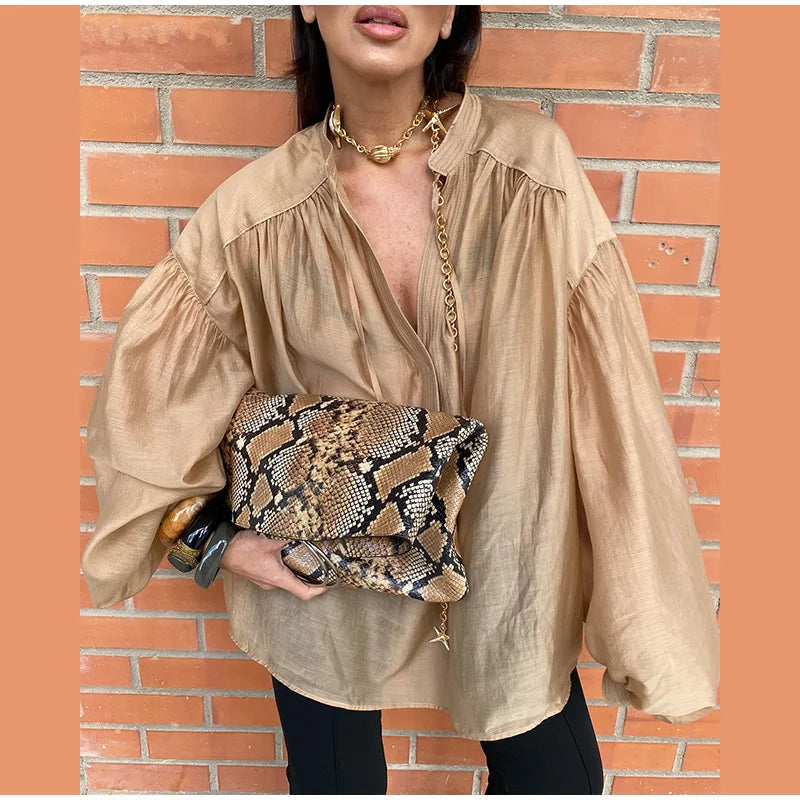 Camisa feminina elegante e solta, com cadarço, gola redonda, manga lanterna, camiseta feminina, primavera/verão 2025, moda urbana, tops femininos emendados