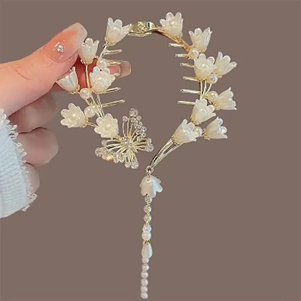 Chinese Style Flower Tassel Hair Bun Buckle High Ponytail Buckle Pearl Chain Pan Hair Claw Clip Fashion Lovely Alloy Headwear