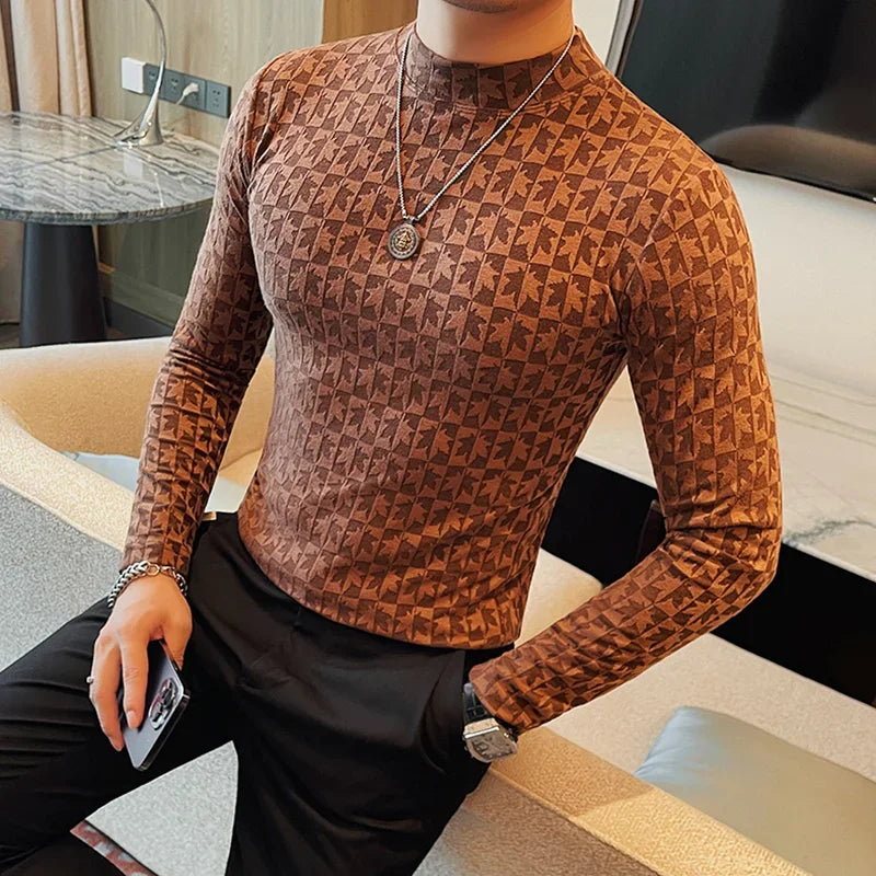 Camiseta elástica estampada de gola alta semi alta para homens, roupas de outono, nova, mangas compridas, jacquard, justa, cor sólida, camiseta slim fit