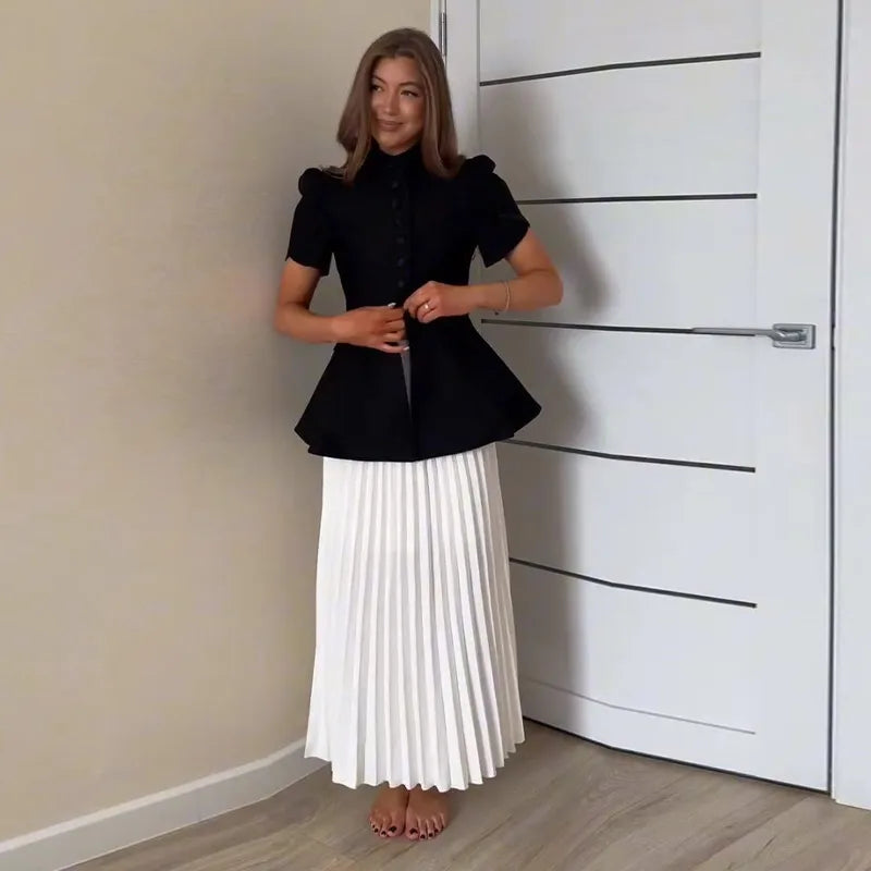 Elegant Short Sleeve Waist Single Breasted Top Pleated Midi Skirts Fashion A Line Skirt Set for Women 2026 Spring Female Outfits