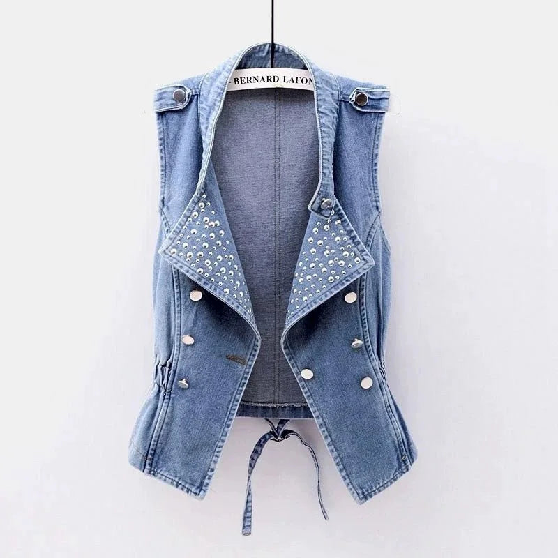 HLJ&GG Blue Fashion Denim Rivet Double-breasted Sleeveless Coats Women Lapel Slim Cowboy Vest Autumn New Tops Streetwear 2025