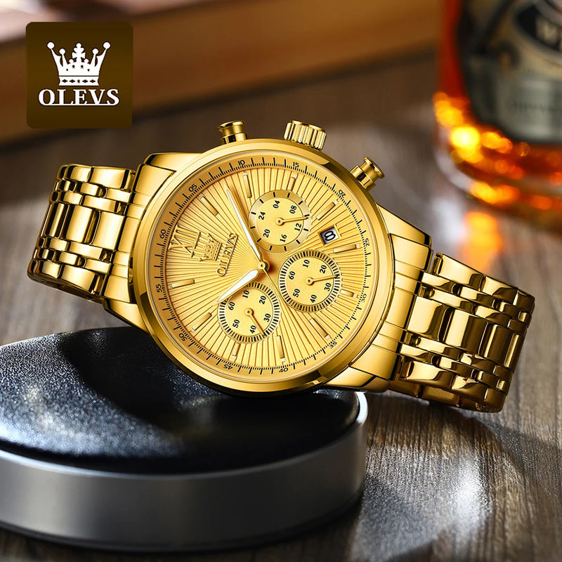 OLEVS Men's Watches Luxury Gold Fashion Wristwatch for Man Stainless Steel Waterproof Luminous Chronograph Date 24 Hour Display