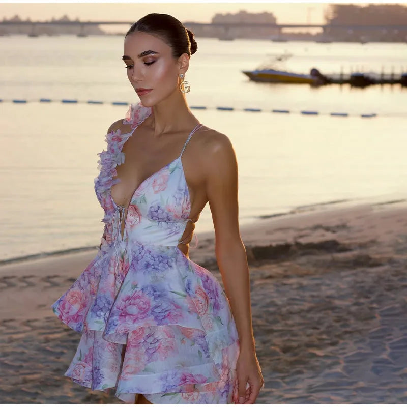 Vestidos curtos femininos com estampa tie-dye e decote em V profundo, manga flare, estampa slim, várias pregas,