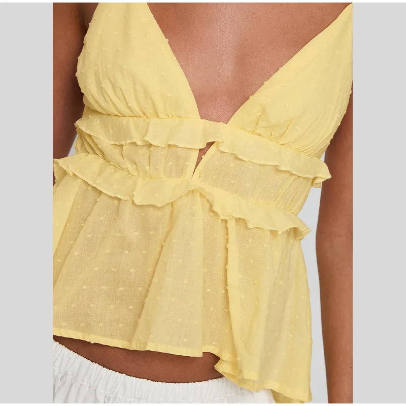 Blusa de chiffon com babados e manga comprida, blusa feminina casual solta, gola V, manga comprida, blusa de rua, primavera/verão 2025