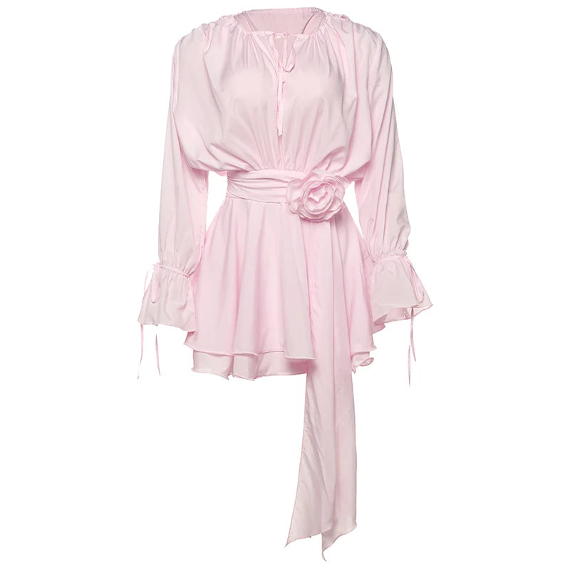Nibber Elegant 3D Flower Decoration Dress Women Y2K Sweet Style Flare Sleeve Ruched Ribbon Vacation Fashion Summer Mini Bodycon