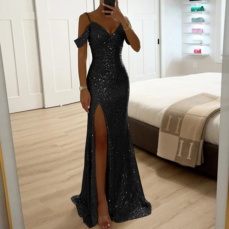 Summer Women Spaghetti Strap Solid Party Dress, 2024 V Neck Sequins Patchwork Maxi Dress, New Sexy Sleeveless Split Ladies Dress