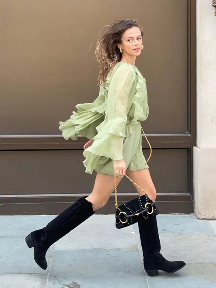 Elegant Women Green Irregular Ruffles Loose Mini Dress Fashion O Neck Full Sleeve Short Vestidos Spring Summer Chic Lady Dresses