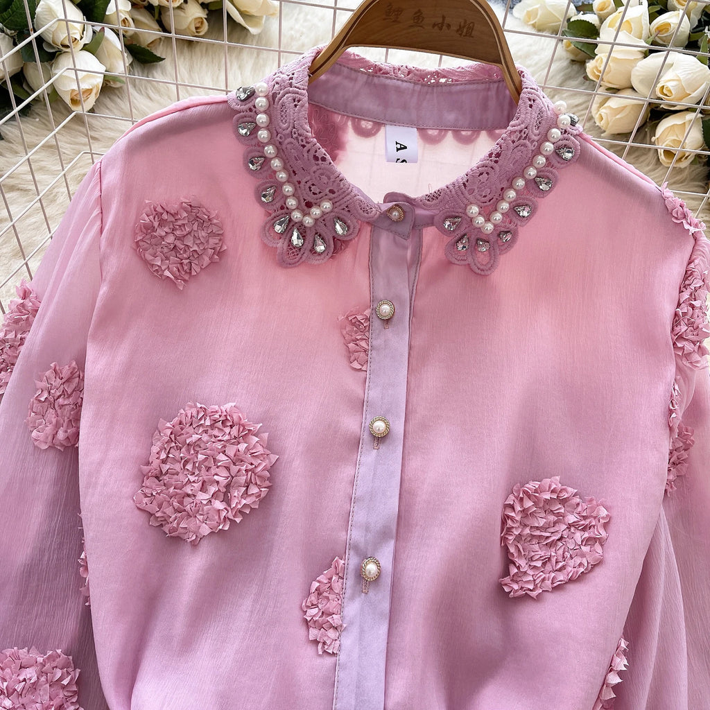 Blusa básica de manga comprida, gola polo vintage, gravata, abotoamento simples, solta, com strass, moda urbana francesa, blusa de outono