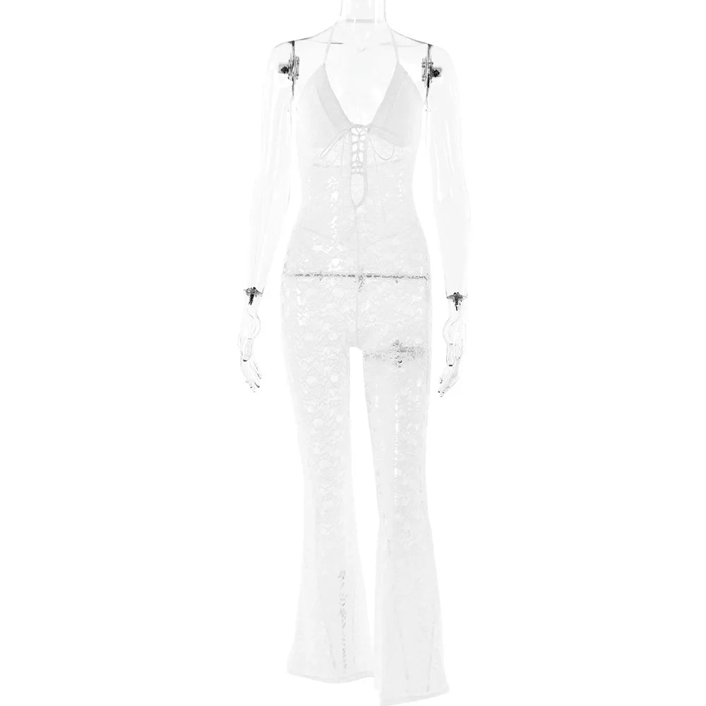 Women's New Sexy Fashion Hollow-Out Lace See-Through Backless Halter Slim Jumpsuit