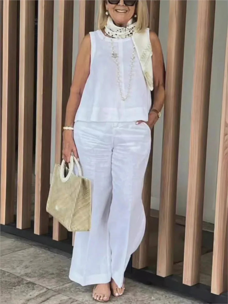 Terno feminino simples de algodão e linho, moda verão, blusa solta sem mangas, calças de perna larga, conjunto de duas peças para mulheres, roupas casuais