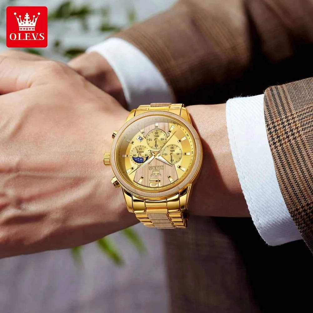 OLEVS 3645 Mens Watch Top Brand Business Original Quartz Watch Solid Wood Multifunctional Chronograph Watch Moon Phase Reloj New