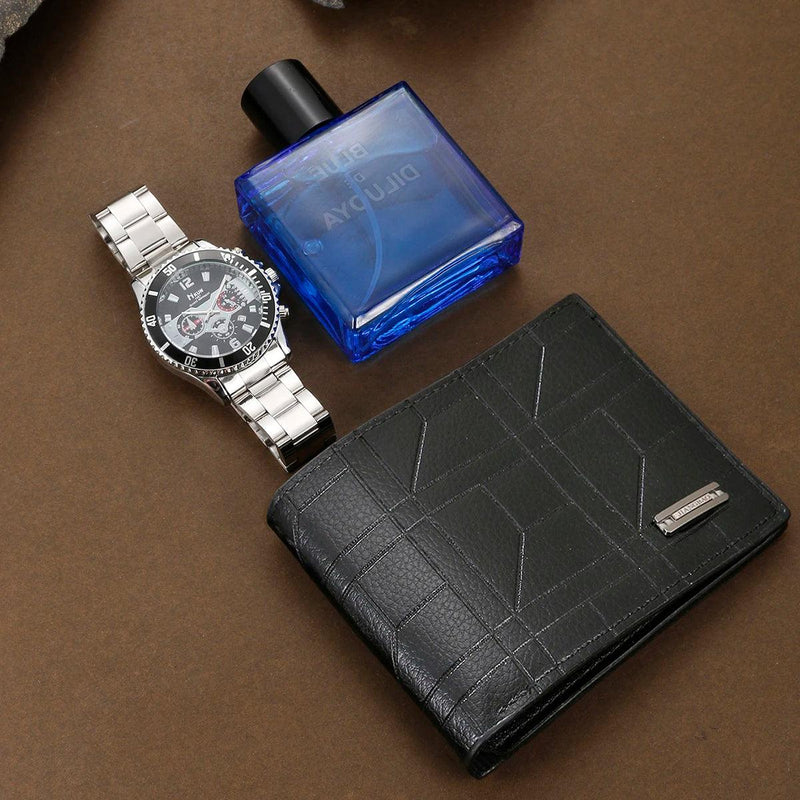 Conjunto de presente de relógio masculino 3 peças relógio de quartzo elegante e bonito, perfume masculino, carteira, presente para amigos