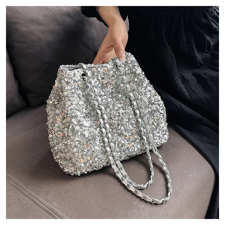 Sparkling Sequins Bucket Shoulder Bags Sense of Luxury Large Capacity Fresh Crossbody Bags for Women 2024 Fashion Versatile Hot