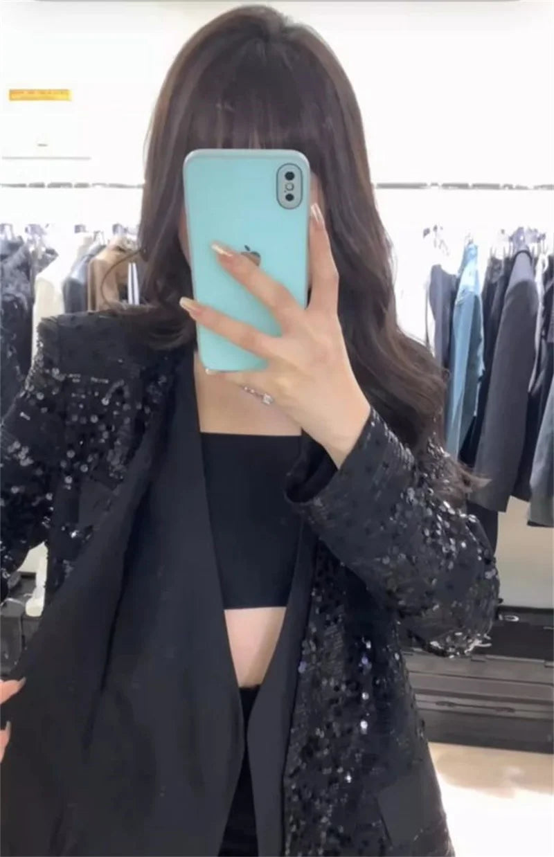 European Brand V-neck Temperament Socialite Sequin Jacket For Women, Mid To Long Style, Stylish Thin Style, Sparkling Top XQ145