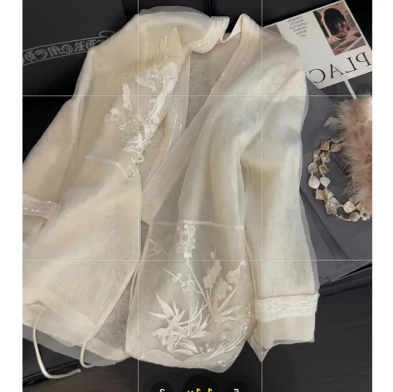 Fashion Chinese Style Embroidery Shirt Women's Mesh Fairy Gentle Style 2026 New Gentleman's Feelings Tops Shirt V-neck Pattern