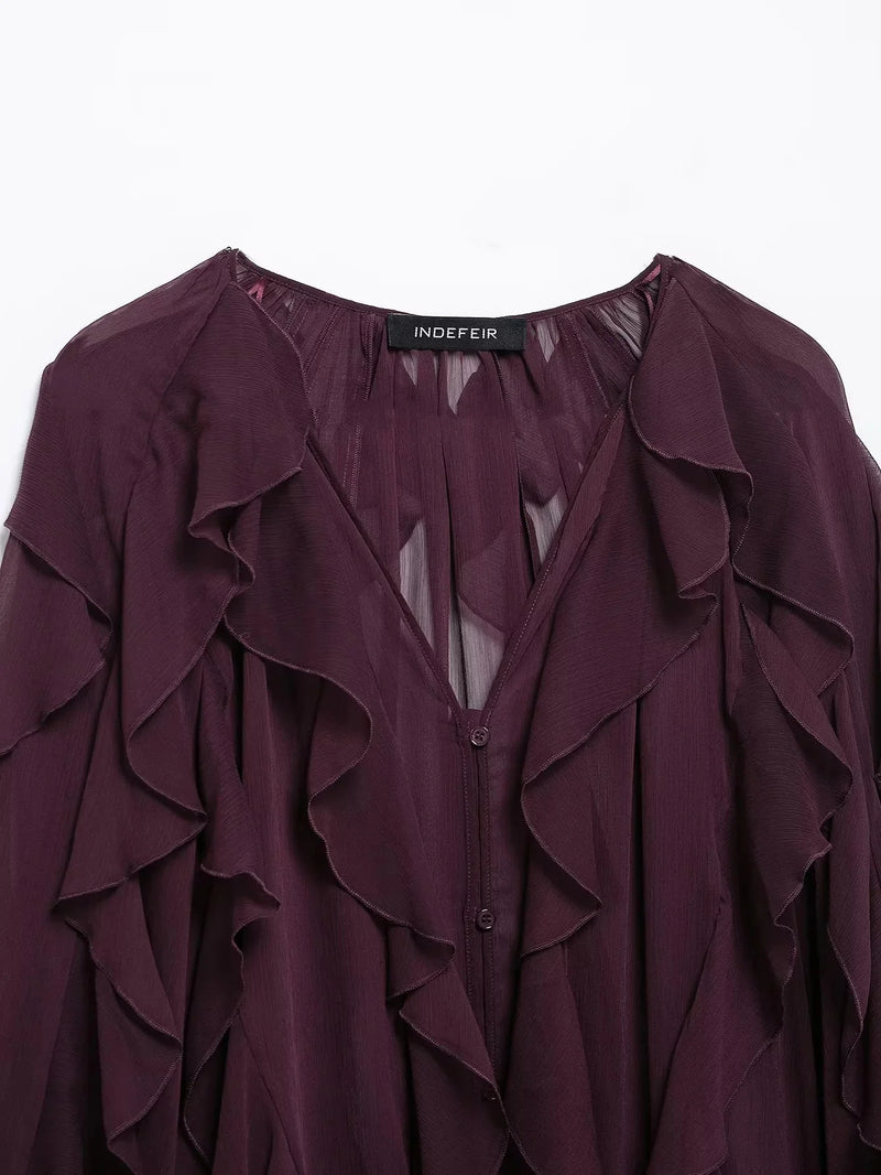 TRAFZA Vintage Chic Solid Women Blouse Tierred V-Neck Long Sleeve Single Breasted Loose Blouse Fashion 2025 Spring Summer Shirts