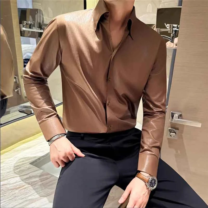 2026 Spring Fashion Big Collar Design Long Sleeved Shirt High Quality Men's Business Slim Fit Social Tuxedo Cotton Shirts