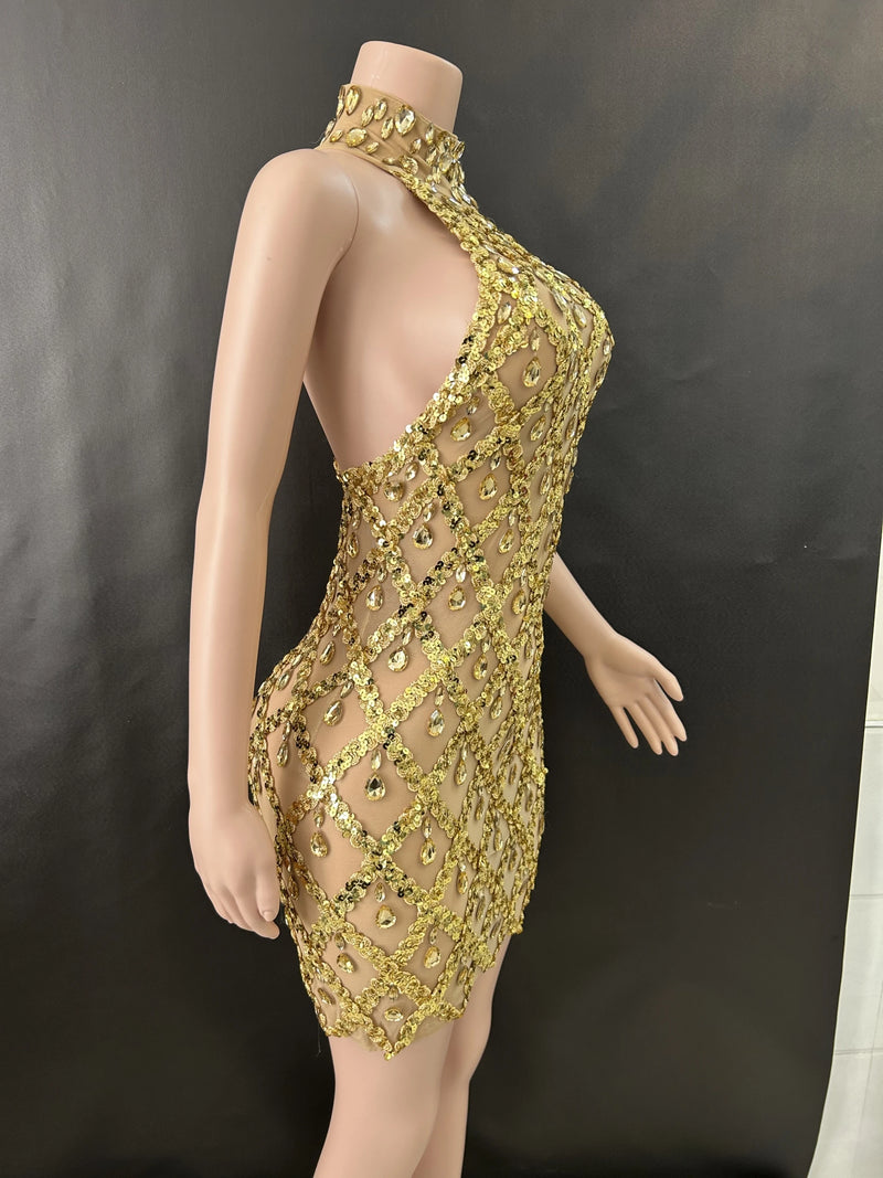 Women Sexy Stage Shining Rhinestone Sequins Dress Evening Prom Birthday Dress Transparent Performance Singer Club Host Dress  7G