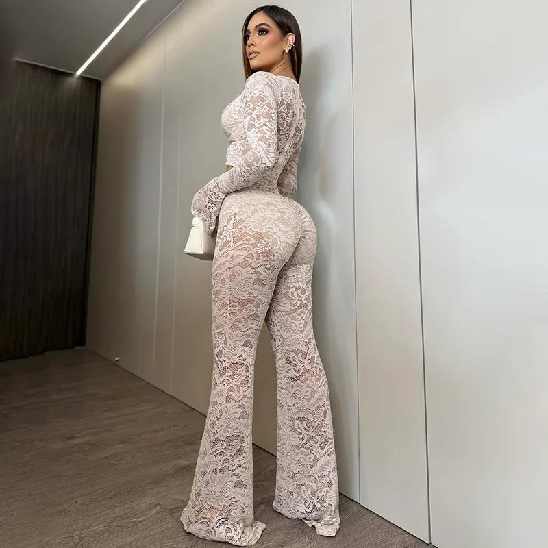 Sexy Hollow out Micro Flared Jumpsuit Long Pants  Lace Shirt Thickened Winter Collection for Elderly Women