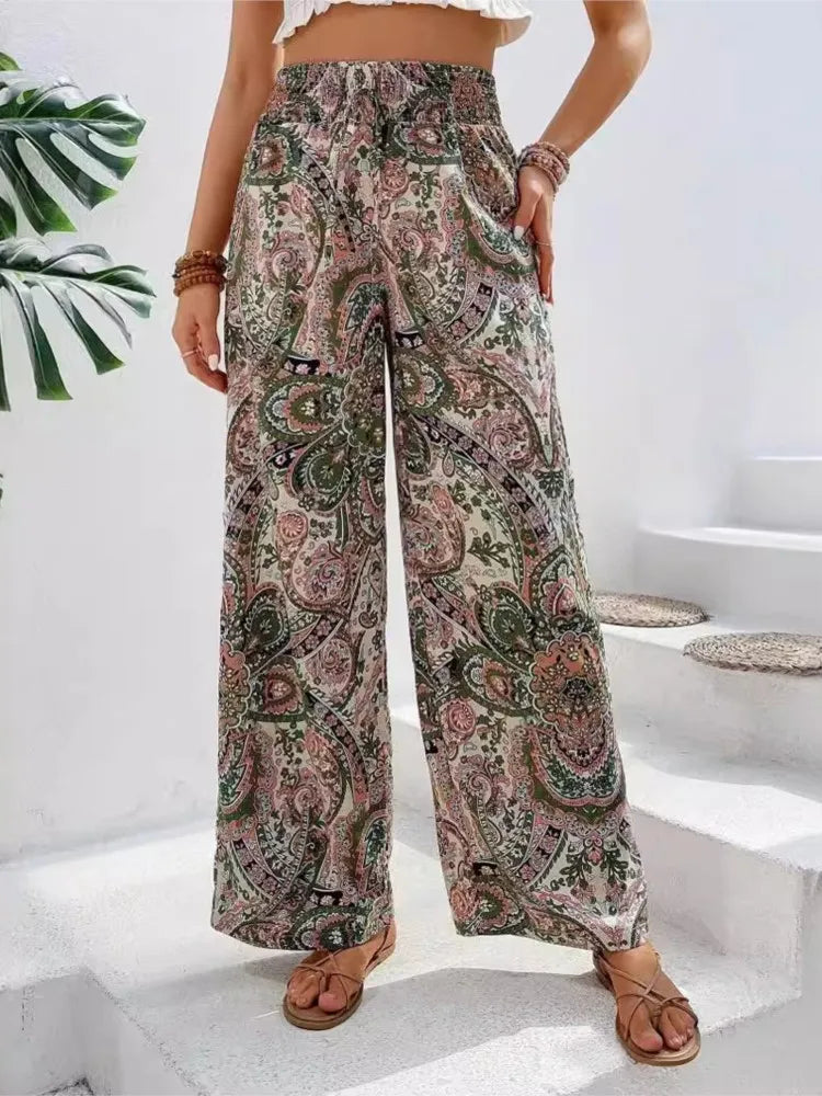 Calças de cintura alta com estampa da moda, pernas largas, primavera-verão, roupas femininas, calças casuais soltas, faixas elásticas, estilo boho, calças de praia
