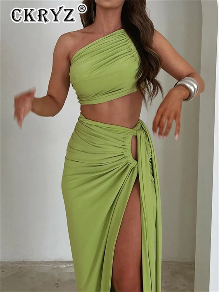 Ladies Spring 2 Pieces Sleeveless Backless Strap Spit Crop Top Side Slit Slim Fit Maxi Skirt Set Women Evening Party Clubwear