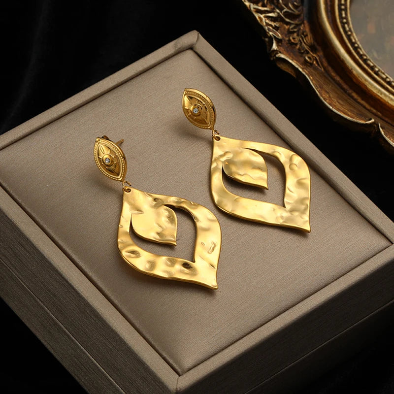 Brincos de argola EILIECK 316L em aço inoxidável dourado, formato de leque, geométrico, estilo boêmio, para mulheres, pingente de orelha, joia, presente para festa