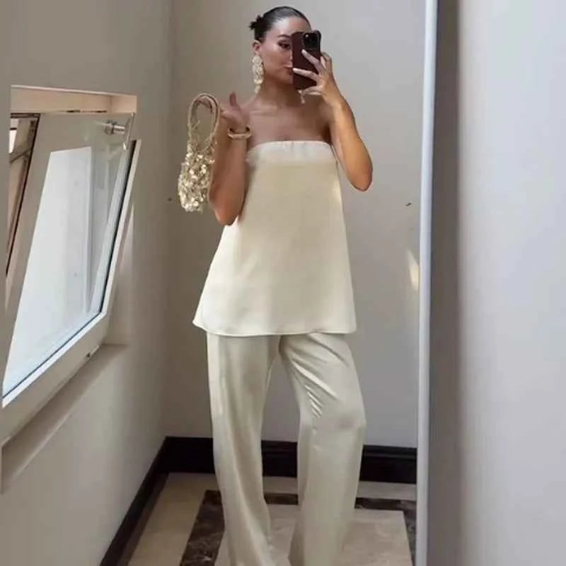 HXAO Satin Pant Sets Women's Two Pieces Set Strapless Off Shoulder Tube Vest 2 Piece Sets Woman Outfit High Waist Trousers Sets