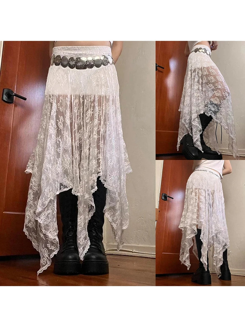Saia feminina de renda elástica de cor sólida casual de verão transparente irregular saia em linha A para férias clube streetwear roupas estéticas