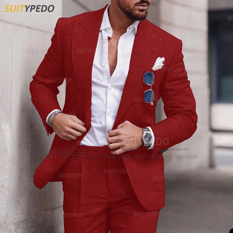 Terno masculino clássico de linho cinza, casamento na praia, padrinho, moda, baile, sob medida, casual, slim fit, blazer, calças, 2 peças - CRAVO ROSE