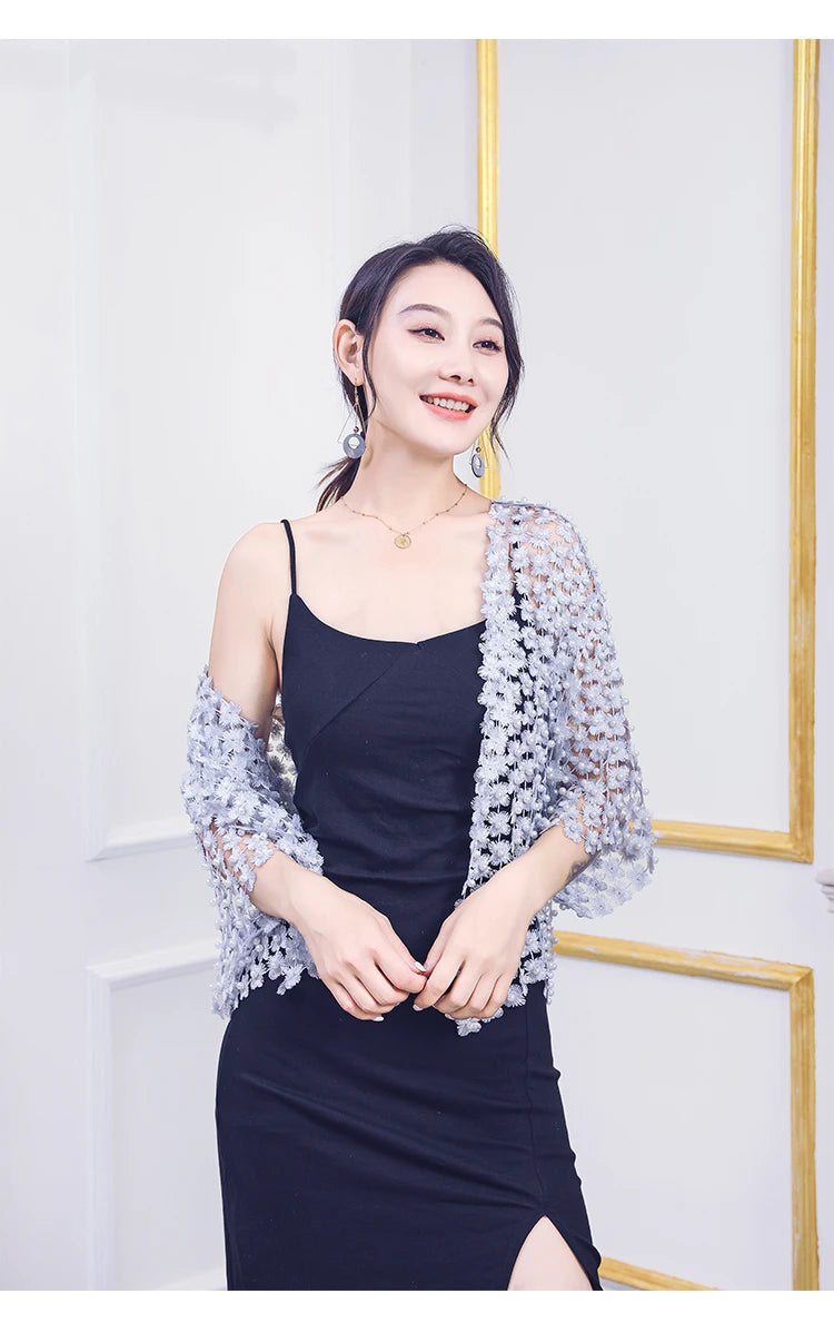 Women Beads Coat 2025 Summer Style Women Perspective Shawl Fashion Hollow Out Lace Boleros Short Sleeve Coats Jackets Femal