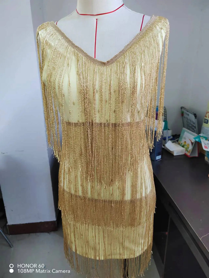 Fashion V-neck Sexy Deep Sleeveless Pencil Dresses Fringed Mid Dress for Women