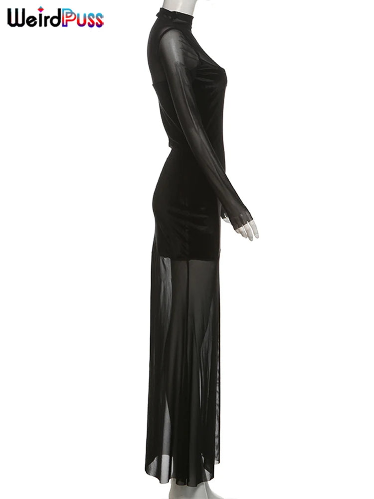 Weird Puss Patchwork Velvet Dress Women Turtleneck See Through Full Sleeve Skinny Trend Sexy Banquet Party Elegant Long Bodycon