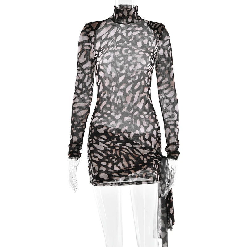 Fantoye Turtleneck Sexy Sheer Print Leopard Bandage Women Dress Long Sleeve Mini Dress Lady Spring Slim Elegant Party Club Dress