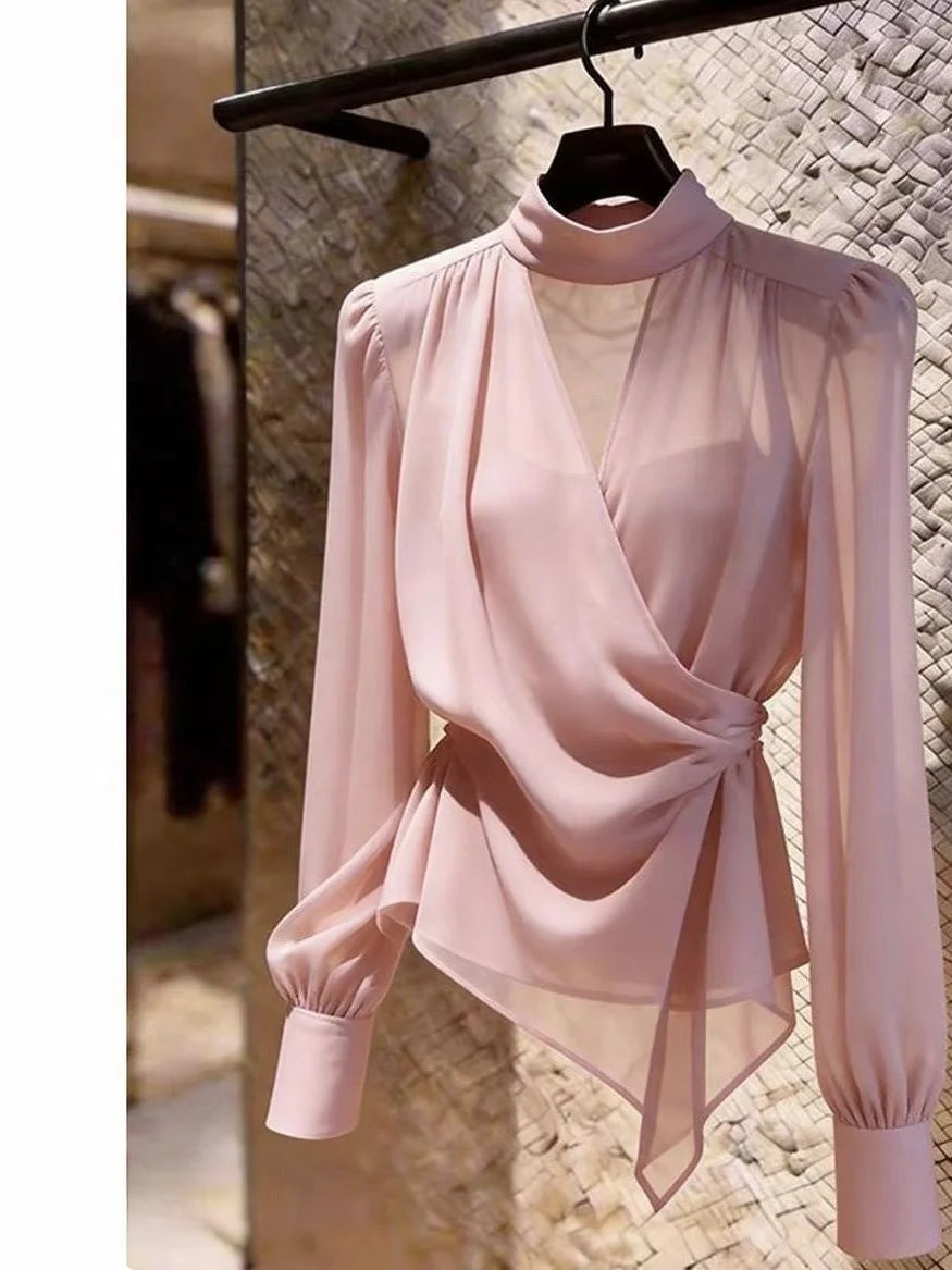 Elegant V-Neck Long Sleeve Women's Shirt Asymmetric Fashionable Versatile Top for Summer Season French Style Slim Fit Shirt