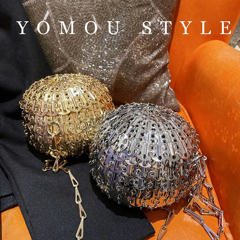 Bolsas femininas de metal lantejoulas corrente tecido saco bola forma oco sacos noite embreagem viagem férias bolsa ombro - CRAVO ROSE