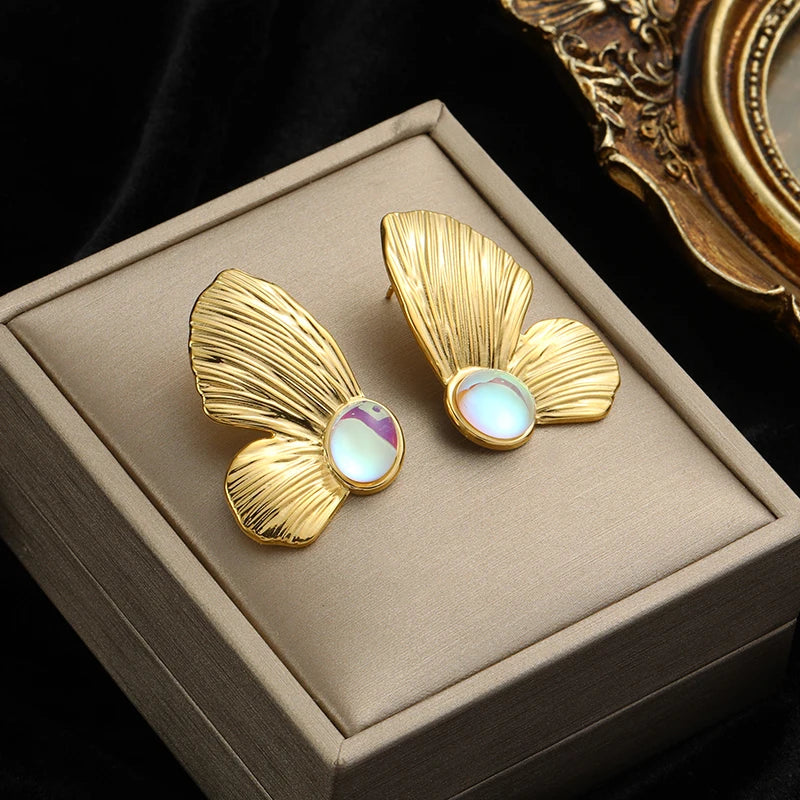 Brincos de argola EILIECK 316L em aço inoxidável dourado, formato de leque, geométrico, estilo boêmio, para mulheres, pingente de orelha, joia, presente para festa
