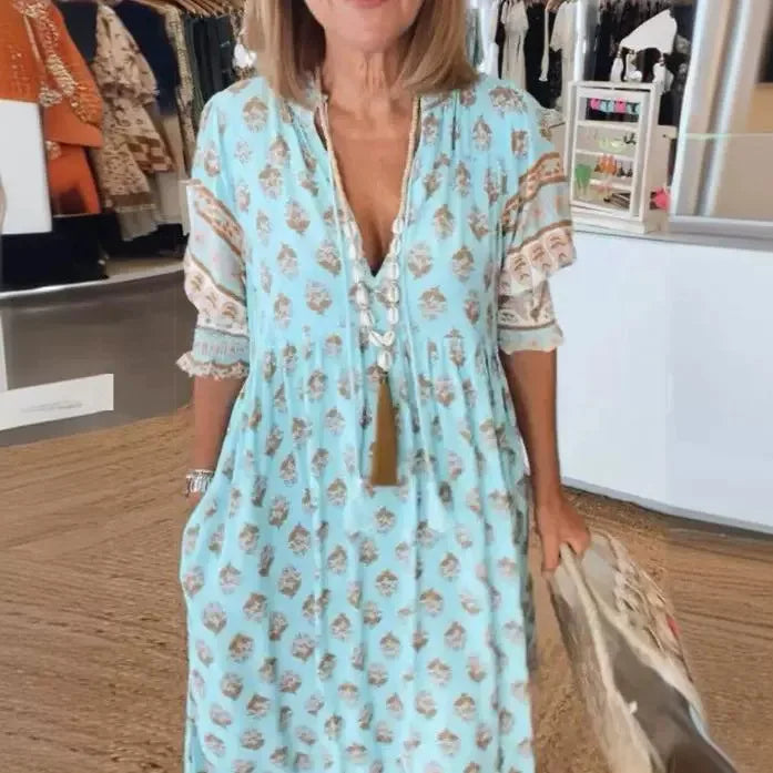 Boho Printed Chic V-neck Tassel Long Dress Women‘s Spring Pocket Party Dress Fall Half Lantern Sleeve Ruffles Maxi Dress Summer