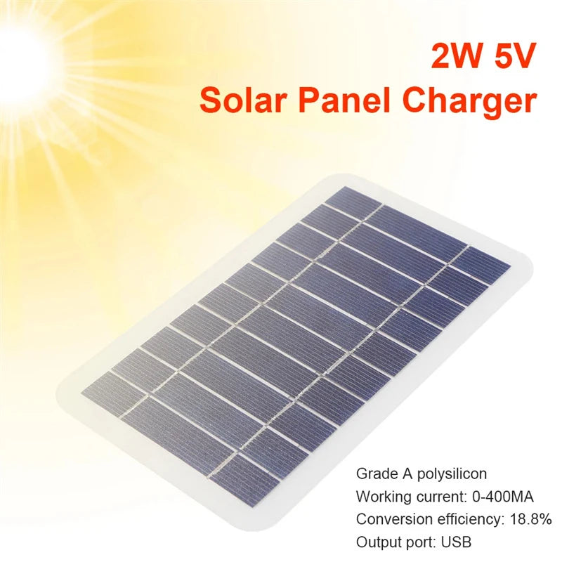 Painel solar de 2 W e 5 W com USB à prova d'água para caminhadas ao ar livre e acampamento, bateria portátil, carregador de celular, painel de carregamento de 5 V